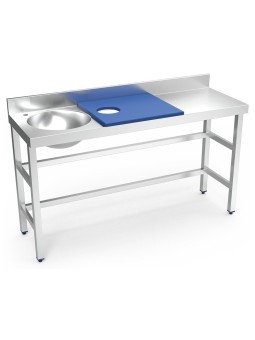 Mesa preparación y lavado fb azul cubeta izda 150x50x85cm