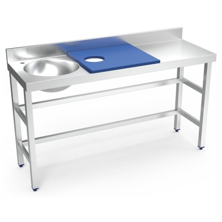 Mesa preparación y lavado fb azul cubeta izda 150x50x85cm