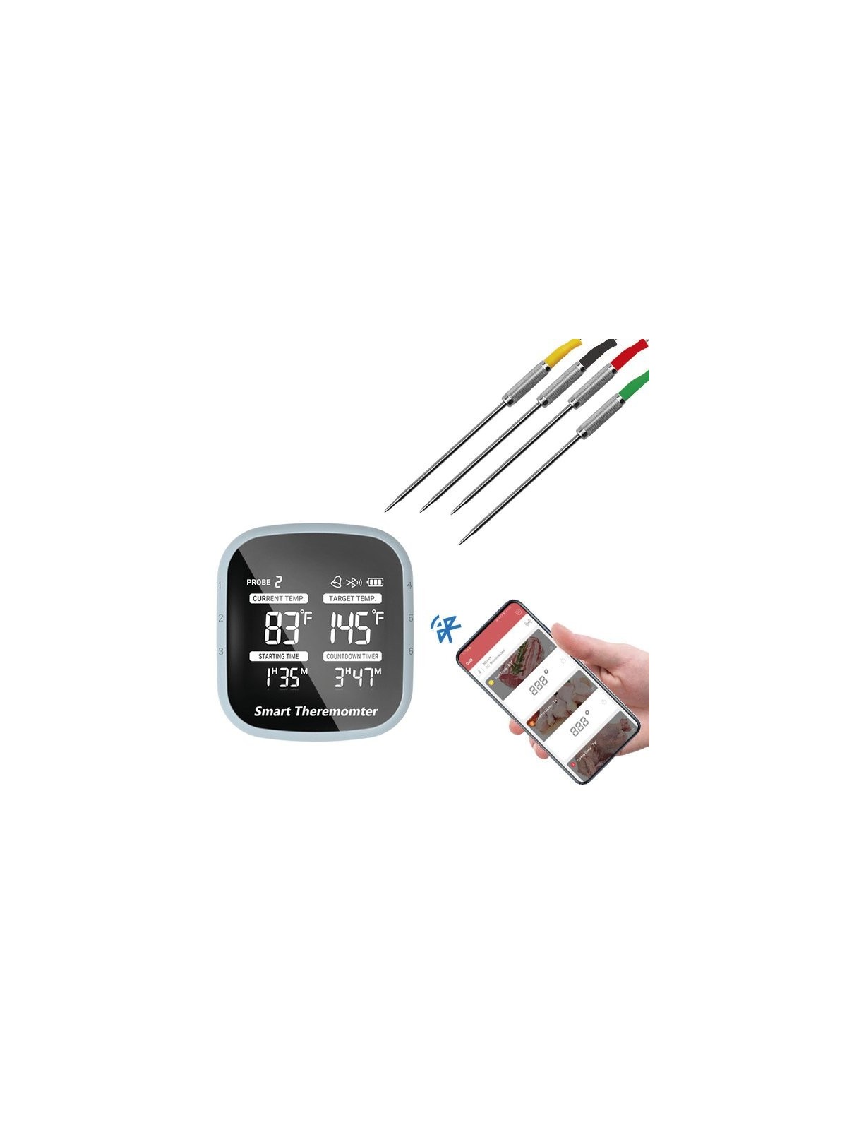 Termómetro barbacoa bluetooth con 4 sondas 8x7x4cm