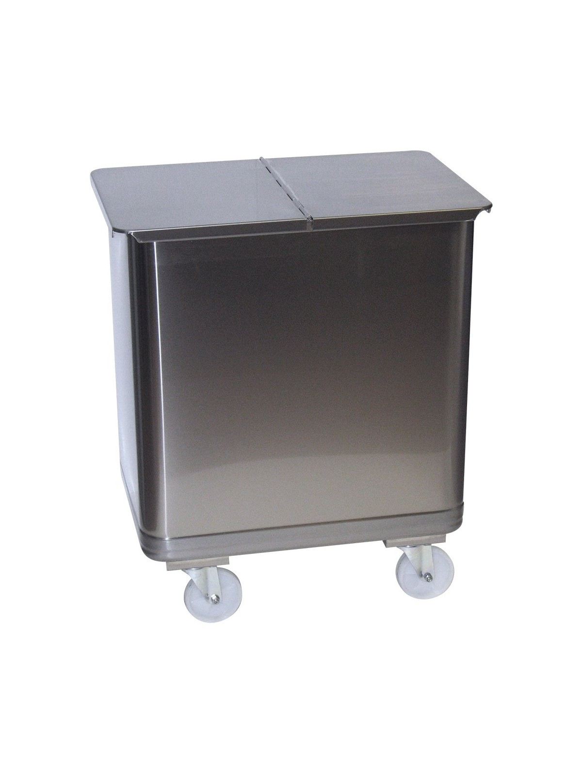 Contenedor inox. con tapa media abertura, ruedas y asa 115 lts 61x39x73cm