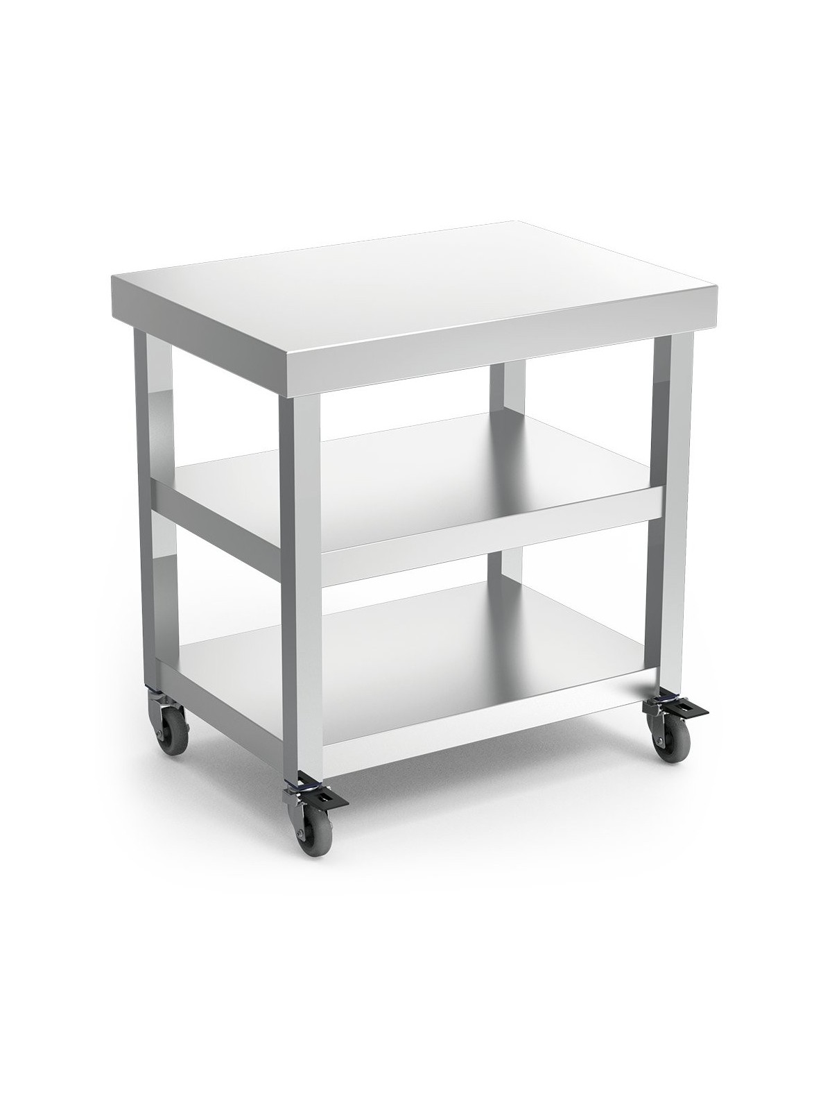 Mesa central c/2 entrepaños y ruedas 70x50x73cm
