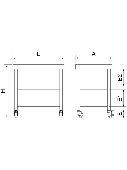Mesa central c/2 entrepaños y ruedas 70x50x73cm