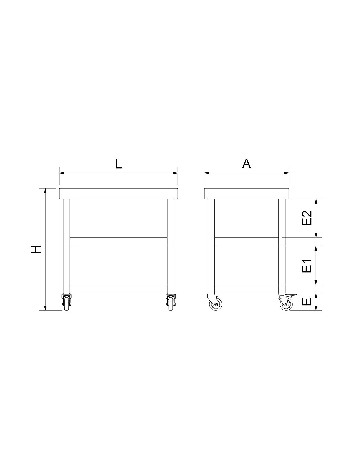 Mesa central c/2 entrepaños y ruedas 70x50x73cm