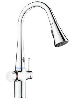 Grifo electrónico y manual con selector de temperatura y ducha extensible
