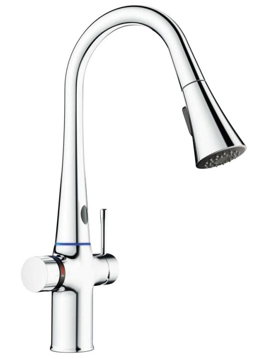 Grifo electrónico y manual con selector de temperatura y ducha extensible