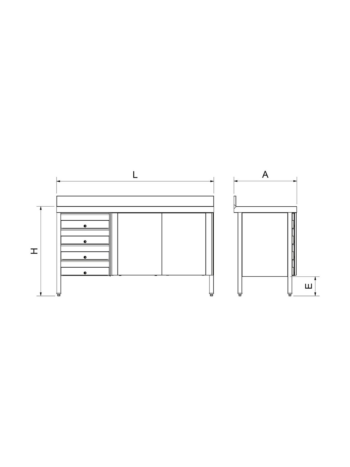 Mesa mural c/ptas. corred. y 4 cajones izda 150x60x85cm